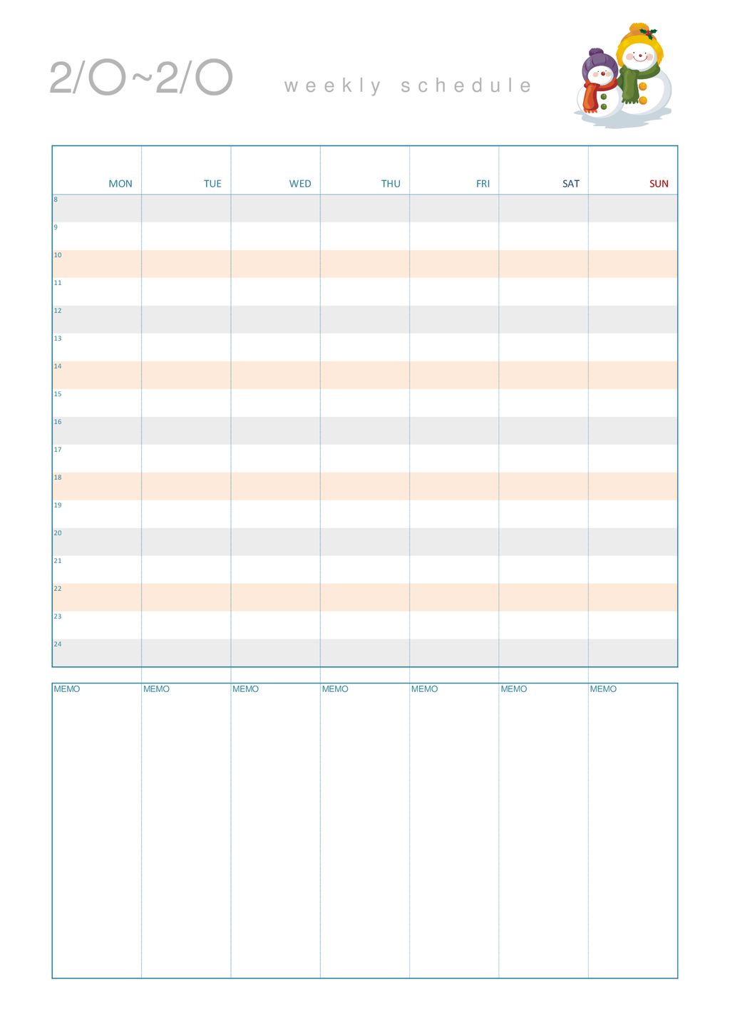 1/○~1/○ weekly schedule MON TUE WED THU FRI SAT SUN MEMO - ppt